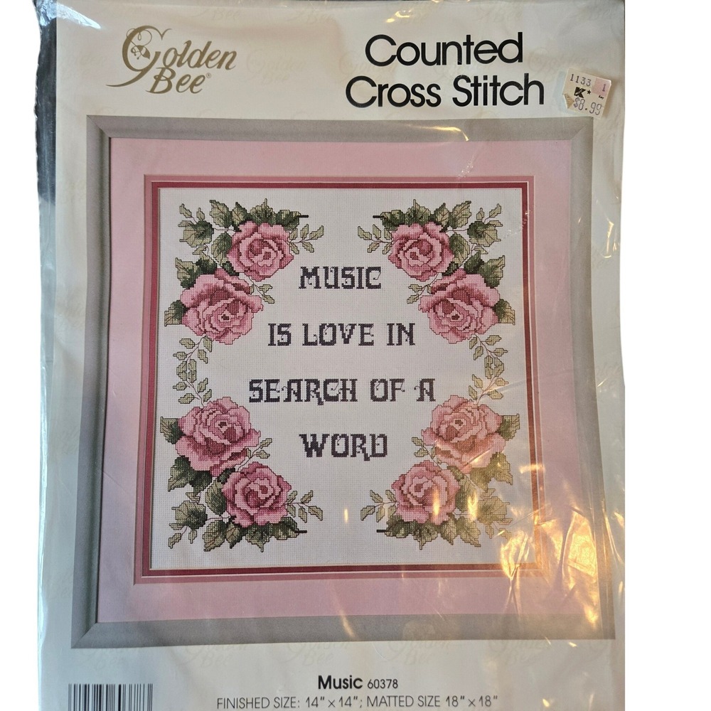 Vintage Golden Bee Counted Cross Stitch Kit - Music is Love Pink Roses NIP